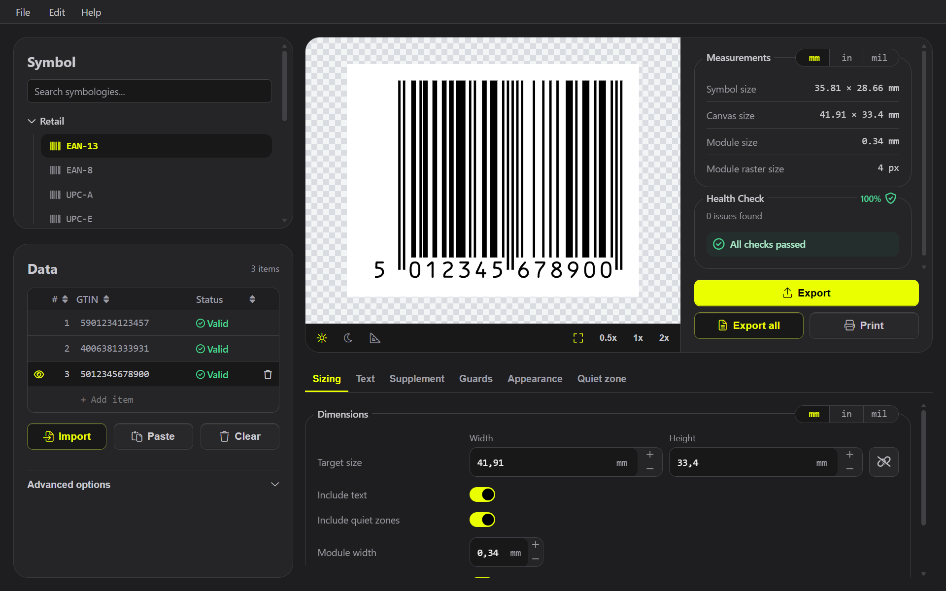 Barcode Next application showing barcode data, preview and controls